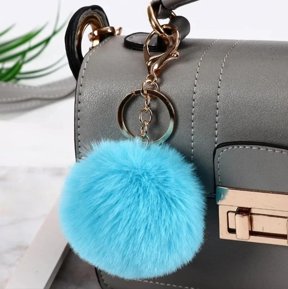 Soft Fluffy Yellow Faux Rabbit Fur Ball Gold Keychain Key Chain Bag Accessories